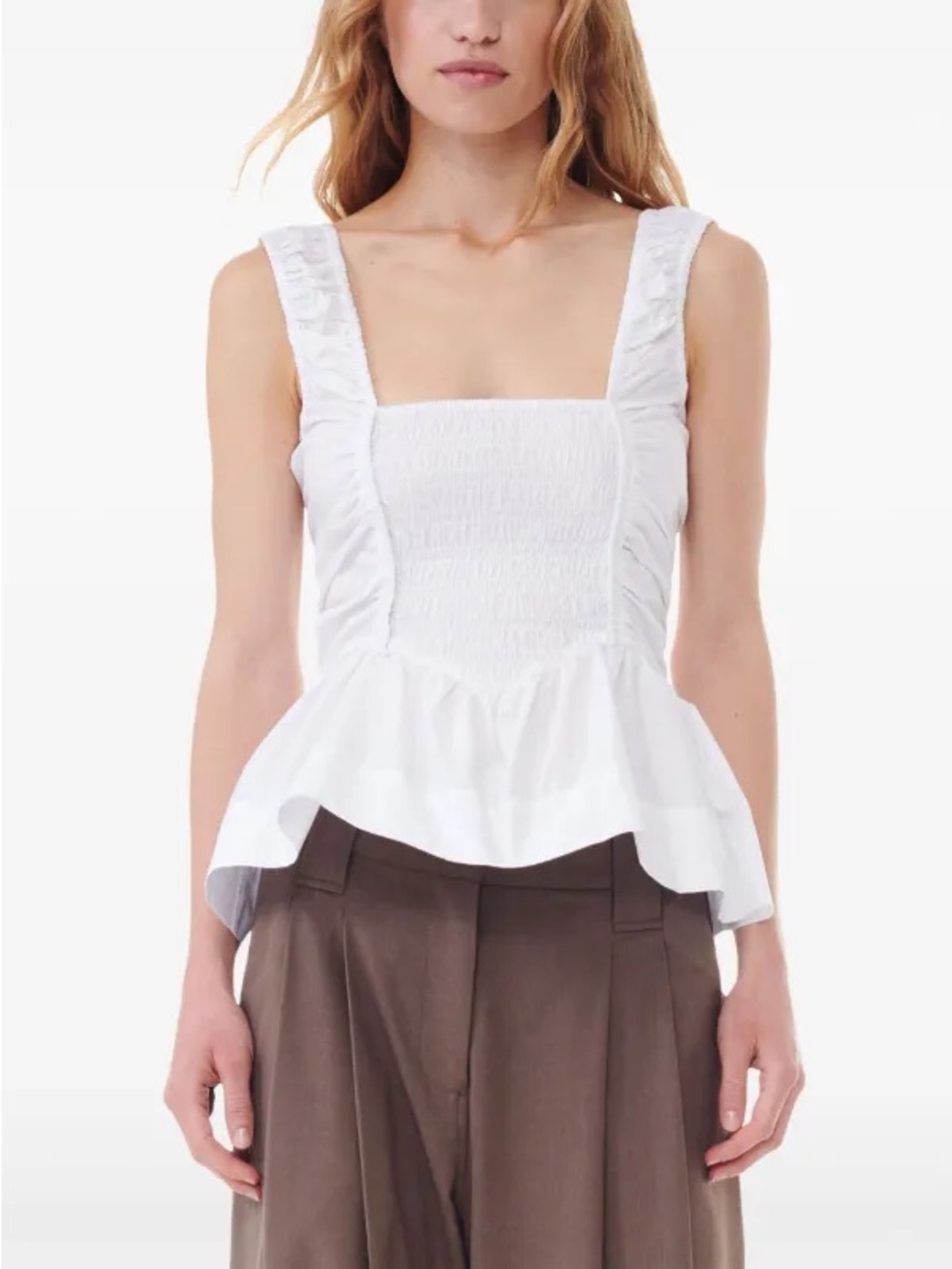 Ganni White Smocked Square-Neck Tank Top - Picture 5 of 7